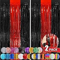 Black Red Tinsel Foil Fringe Curtains, 2 Pack 3.3x8.3 Feet Streamer Backdrop Curtains for Birthday Party Decorations, Halloween Decor, Foil Curtain Backdrop for Bachelorette Party