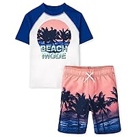 The Children's Place Boys' Short Sleeve Rash Guard and Swim Trunk 2-Piece Set, Quench Blue, Large