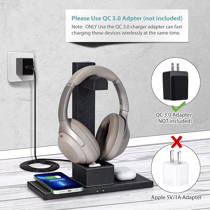 Black FutureCharger PU Leather Gaming Headset Stand 2-in-1 Fast Wireless Charger with Detachable Earphone Stand Qi Fast Wireless Charging Pad for Airpods Bluetooth Earphone 