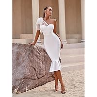 Women's Dress One Shoulder Mermaid Hem Bodycon Bandage Cocktail Party Dress Dress for Women (Color : White, Size : Small)