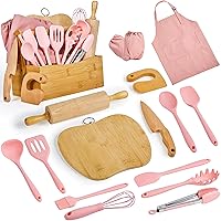 Pulcher Kids Cooking & Baking Sets Real Little Chef Cooking Utensils Kitchen Set Gifts for Girls Boys Juniors with Utensils Cutting Board Kids Safe Knife Rolling Pin Apron Carrying Basket (Coral Pink)
