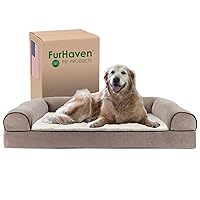 Furhaven Cooling Gel Dog Bed for Large Dogs w/ Removable Bolsters & Washable Cover, For Dogs Up to 95 lbs - Sherpa & Chenille Sofa - Cream, Jumbo/XL
