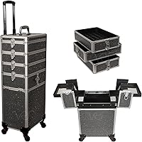Professional Makeup Travel Case (Black Crystal), Cosmetic Large Portable Hair Stylist Trolley, Key Lock, Salon Barber Case, 360° Rolling Wheels, Extendable Trays & Adjustable Dividers