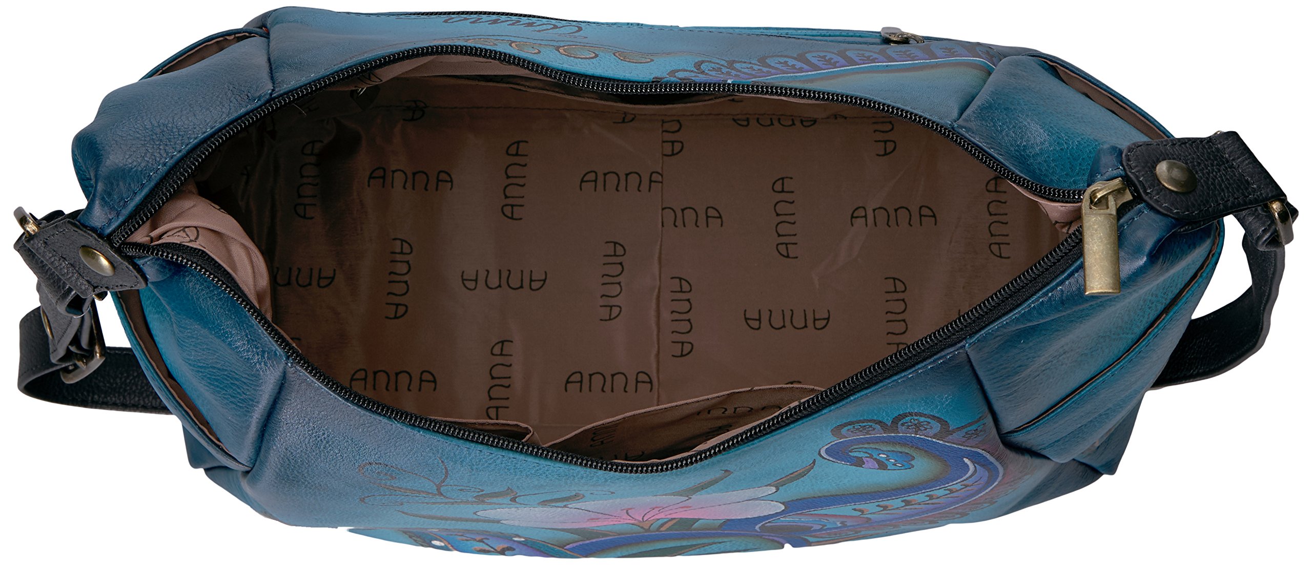 Anna by Anuschka womens Large Multi Pocket Hobo Handbag Genuine Leather, Denim Paisley Floral, 14 X 11 X 5.5 US