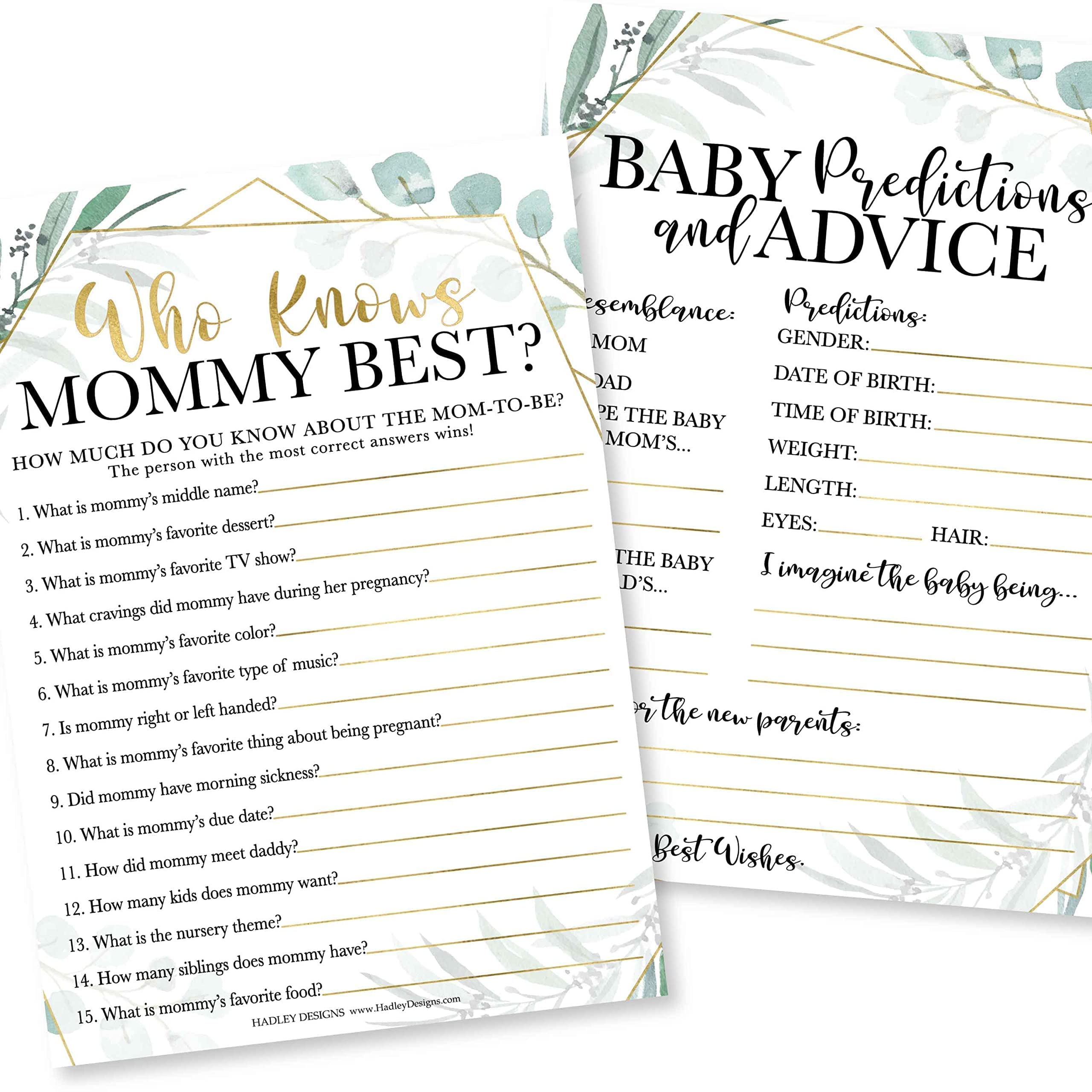 25 Greenery Animal Matching, 25 Nursery Rhyme Game, 25 Who Knows Mommy Best, 25 Baby Prediction And Advice Cards - 4 Double Sided Cards, Baby Shower Party Supplies