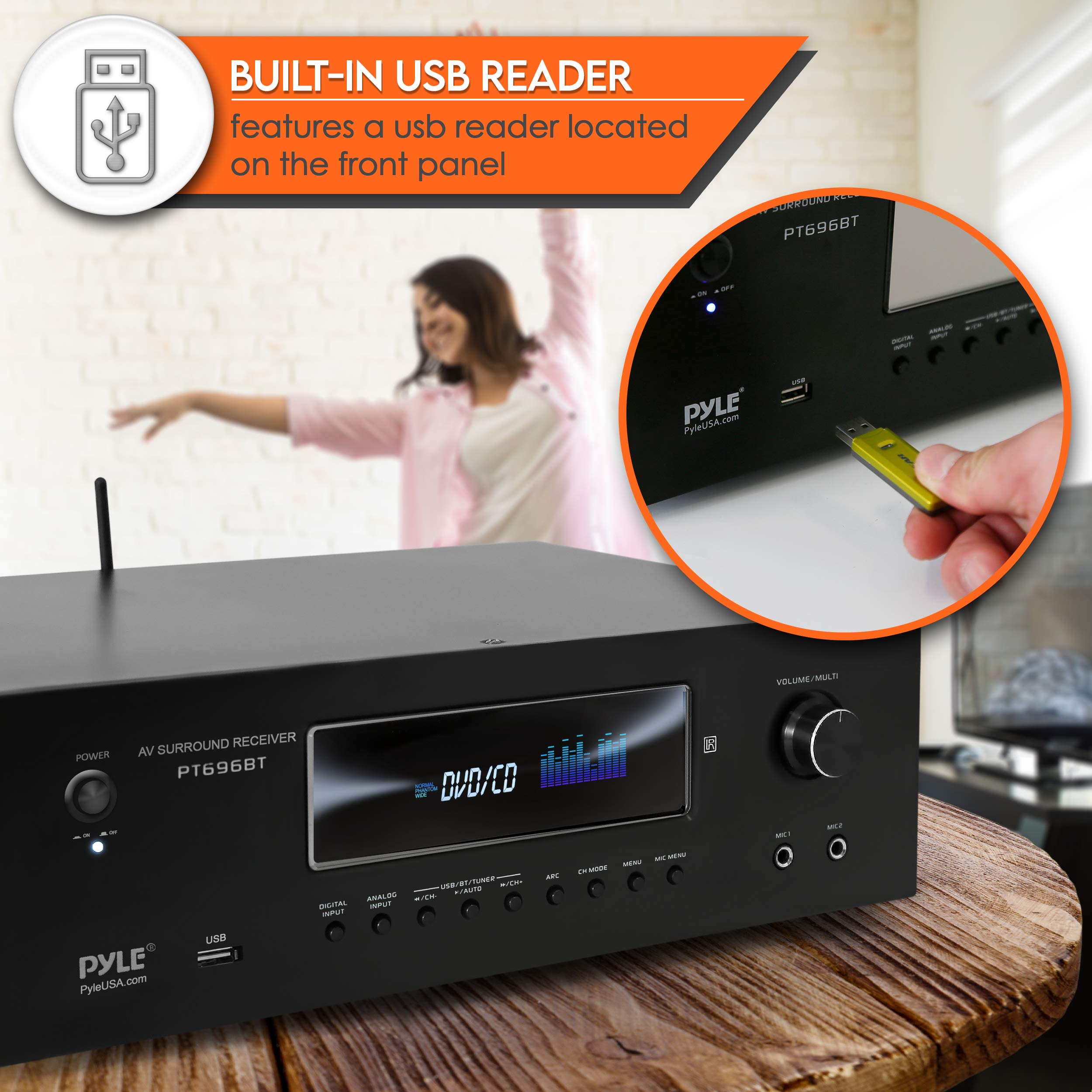 Pyle 1000W Bluetooth Home Theater Receiver - 5.2 Channel Surround Sound Stereo Amplifier System with 4K Ultra HD, 3D Video & Blu-Ray Video Pass-Through Supports, HDMI/MP3/USB/AM/FM Radio - Pyle, Black