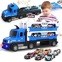 Big Transporter Truck Blue Toy Cars for Toddlers 3-5 with 55-Inch Ejection Race Track, Deform Catapulting and Shooting Folding Storage Car Carrier with 6 Race Cars for Kids Ages 3-5, 4-8