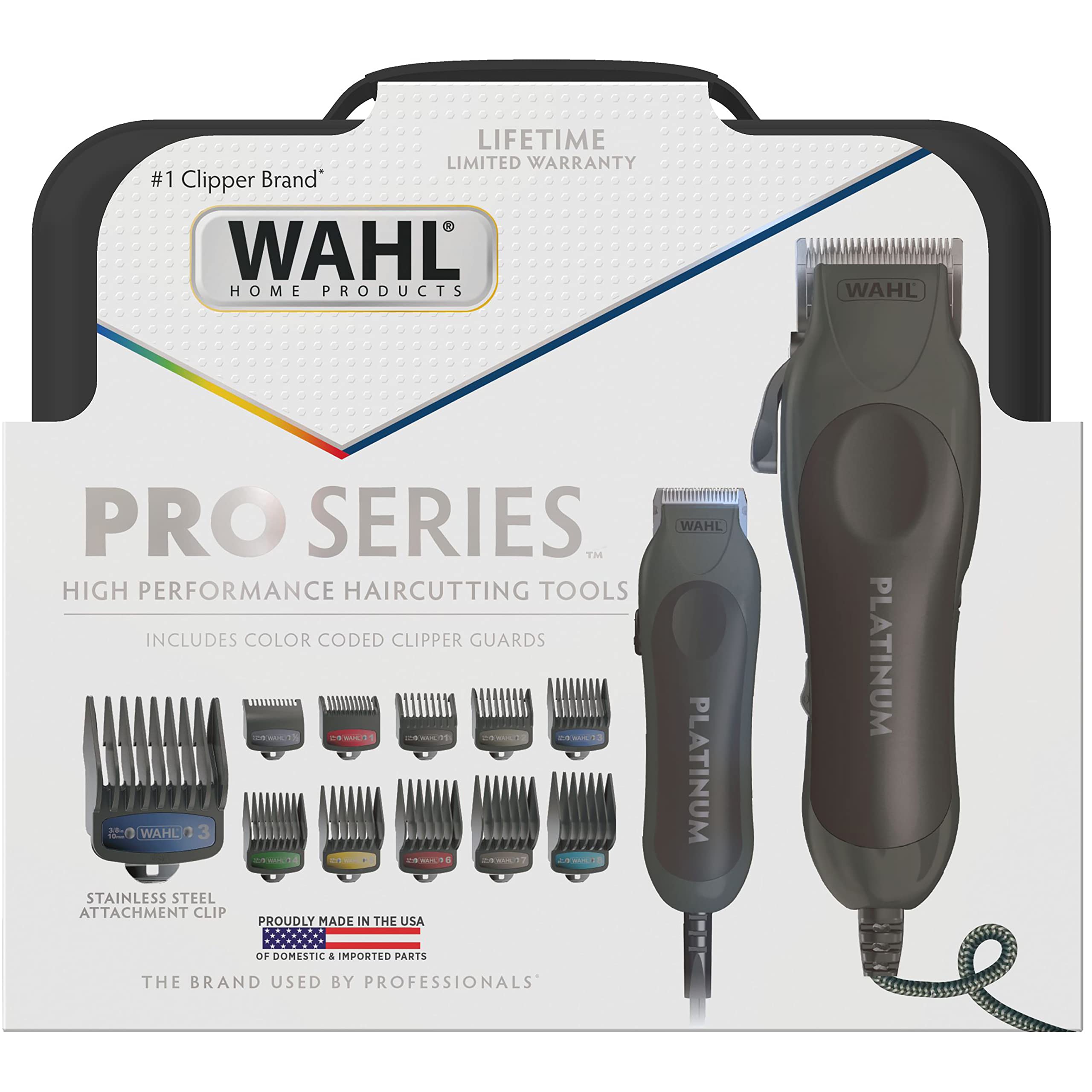 Wahl USA Pro Series Platinum Corded Clipper & Corded Trimmer for Home Haircutting with Premium Secure Fit Color Coded Guide Combs – Model 79804-100