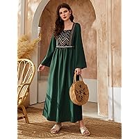 2023 Women's Dresses Chevron Print Square Neck Fringe Detail Smock Dress Women's Dresses (Color : Dark Green, Size : Large)