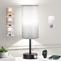 Grey Bedside Lamp for Bedroom Nightstand - Small Table Lamp with USB A + C Charging Port, 3 Color Temperatures Pull Chain Night Stand Light with Bulb, Side Table Desk Reading Lamp for Living Room