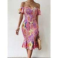 Women's Dress Dresses for Women Floral Print Off Shoulder Shirred Puff Hem Dress Dresses for Women (Color : Mauve Purple, Size : Small)
