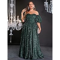 Plus Women's Dress Plus Off Shoulder Puff Sleeve Floor Length Sequin Formal Dress (Color : Dark Green, Size : XX-Large)