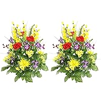 2pcs of 30 Stem Artificial Flowers Morning Glory & Ranunculus Bush Spring Faux Flower Arrangement for Indoor Wedding Home Decor, Cemetery Decorations, Yellow Red Purple