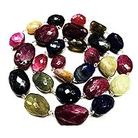 22 inch Long Nugget Tumble Shape Faceted Cut Natural Multi Sapphire 8x12-12x16 mm Beads Rosary Style Necklace with 925 Sterling Silver Clasp for Women, Girls Unisex