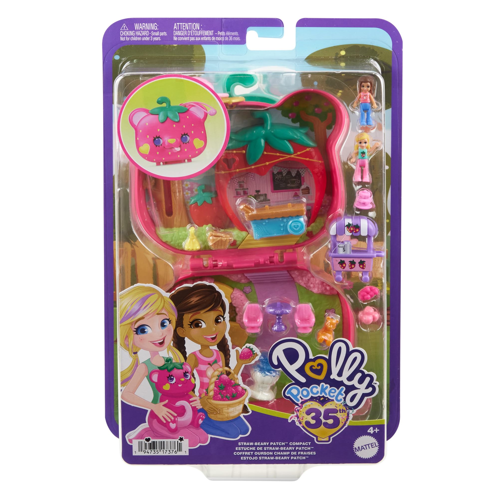 Polly Pocket Dolls and Playset, Travel Toy with Fidget Exterior, Straw-beary Patch Compact with 12 Accessories