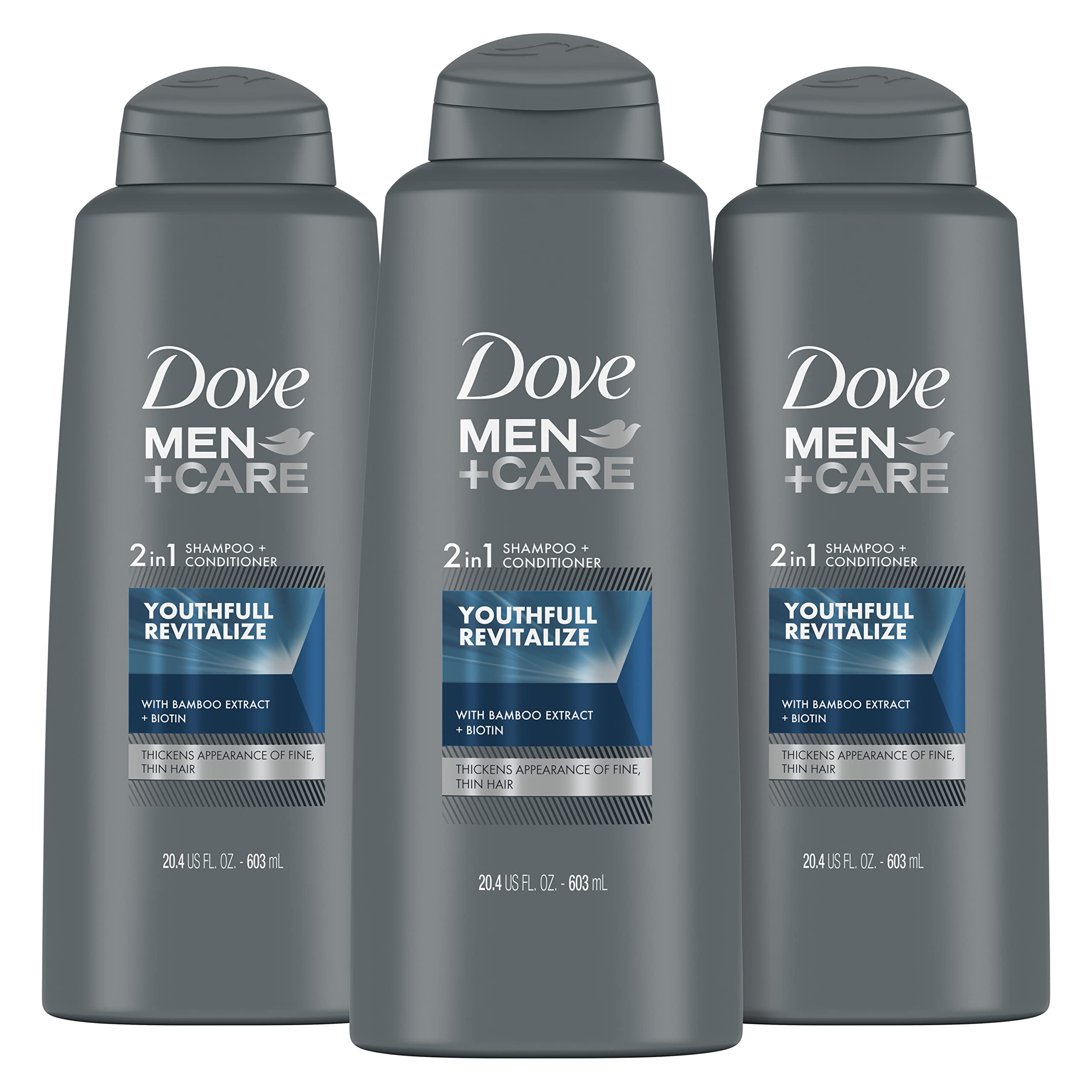 Dove Men+Care 2 in 1 Shampoo and Conditioner Youthfull Revitalize 3 Count For Fine, Thin Hair Men's Shampoo and Conditioner with Bamboo Extract + Biotin 20.4 oz