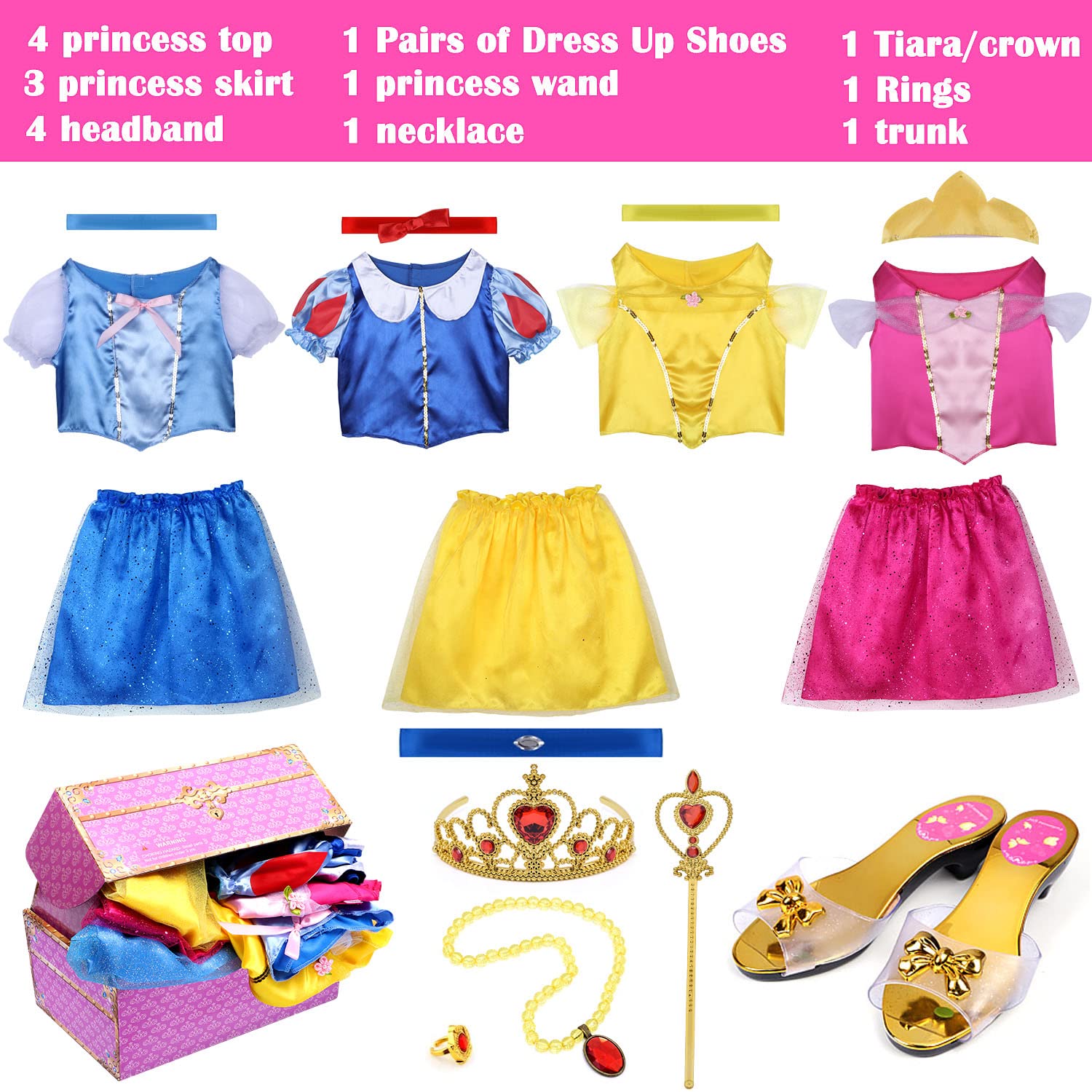 Latocos 17 Pcs Girls Princess Dress Up Trunk Role Play Cosplay Set with Princess Shoes Crown Accessories Princess Costume for Kids Age 3-6 Years