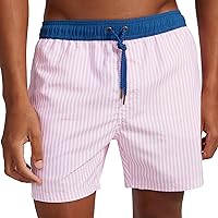 ORTC Manly Navy or Pink Swim Shorts - Stripes, Blue Waist - Men's Mid-Length Quick Dry Trunks, Mesh - 100% Recycled Polyester