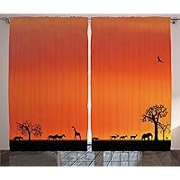 Africa Curtains, Panorama of Savannah Animals Gulls Reflections in Back at Sunset Scenery, Living Room Bedroom Window Drapes 2 Panel Set, 108