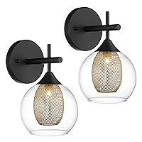 Black Wall Sconce Set of 2, Bathroom Vanity Light Fixture with Clear Glass and Honeycomb Metal Shade, Sconces Wall Lighting for Mirror Bedroom Hallway, AD-22001-1W2-BK