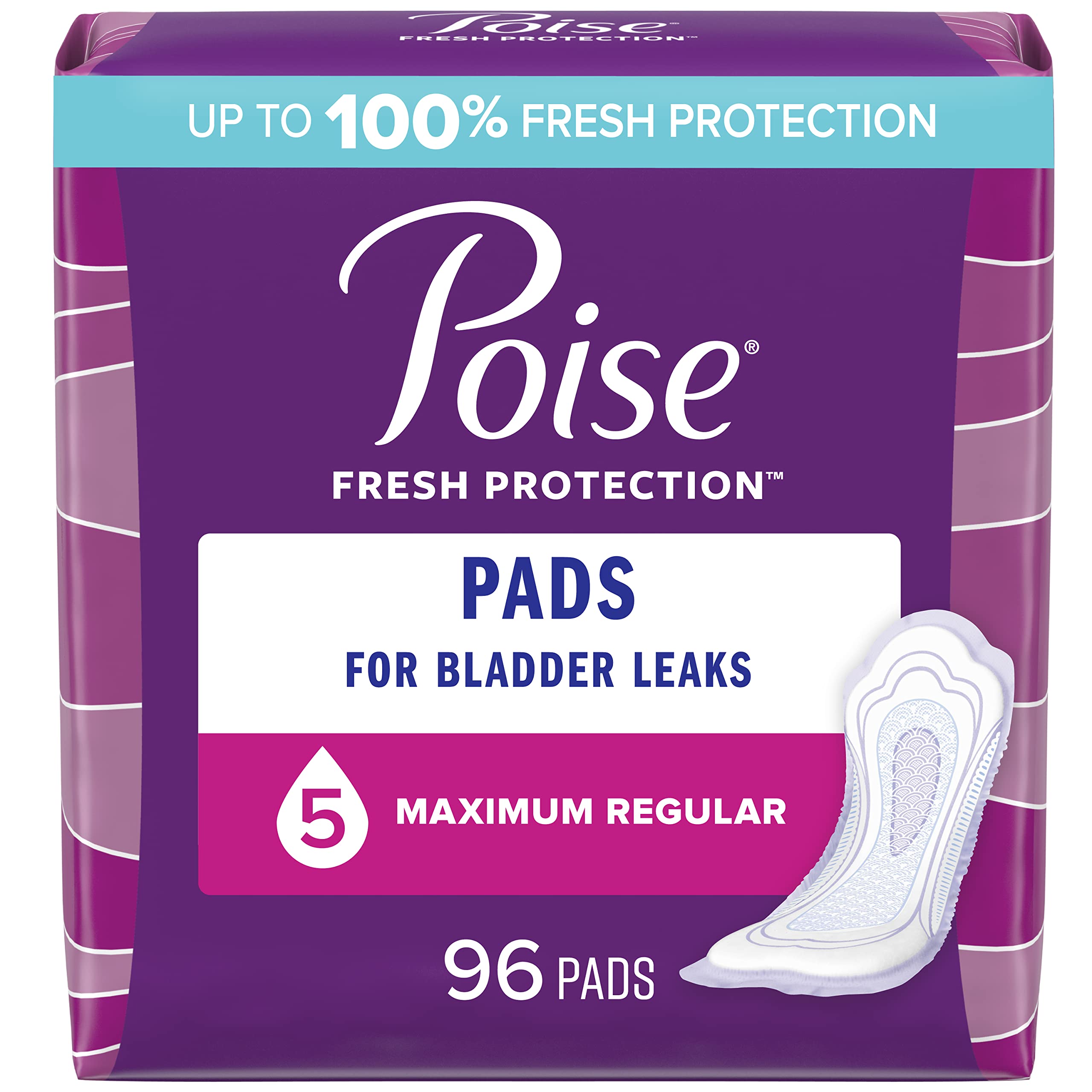 Poise Incontinence Pads & Postpartum Incontinence Pads, 5 Drop Maximum Absorbency, Regular Length, 96 Count, Packaging May Vary