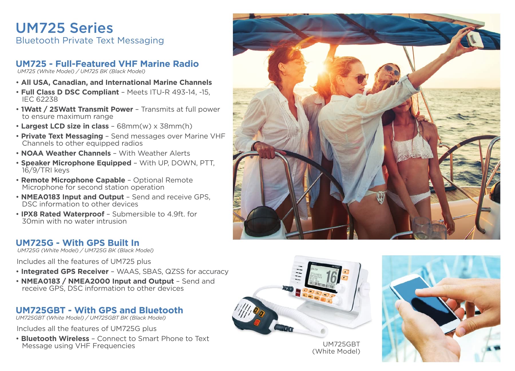 Uniden UM725GBT Marine VHF Radio, All USA, Canada, and Intl. Marine Channels, 1Watt/25Watt Transmit Power, Largest LCD Screen in Class, NOAA Weather Channels, Speaker Mic, GPS Built-in, and Bluetooth