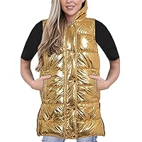 A2Z Ladies Adults Sleeveless Gilet Oversized Hooded Golden Foil Quilted Padded Long Line Vest Jacket Coat Urban Winter Wear