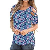 XJYIOEWT Women's Tops Short Sleeved Women Floral Printe Short Sleeve Strappy Cold Shoulder T-Shirt Tops Blouses Short S