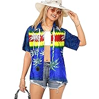 LA LEELA Women's Button Down Blouses Casual Summer Beach Party Short Sleeve Vacation Blouse Shirt V Neck Blouses Tee Hawaiian Shirts for Women M Upside Down Palm, Navy Blue