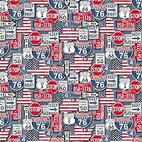American Road Trip Red Signs - Novelty Fabric - Red Cotton Fabric