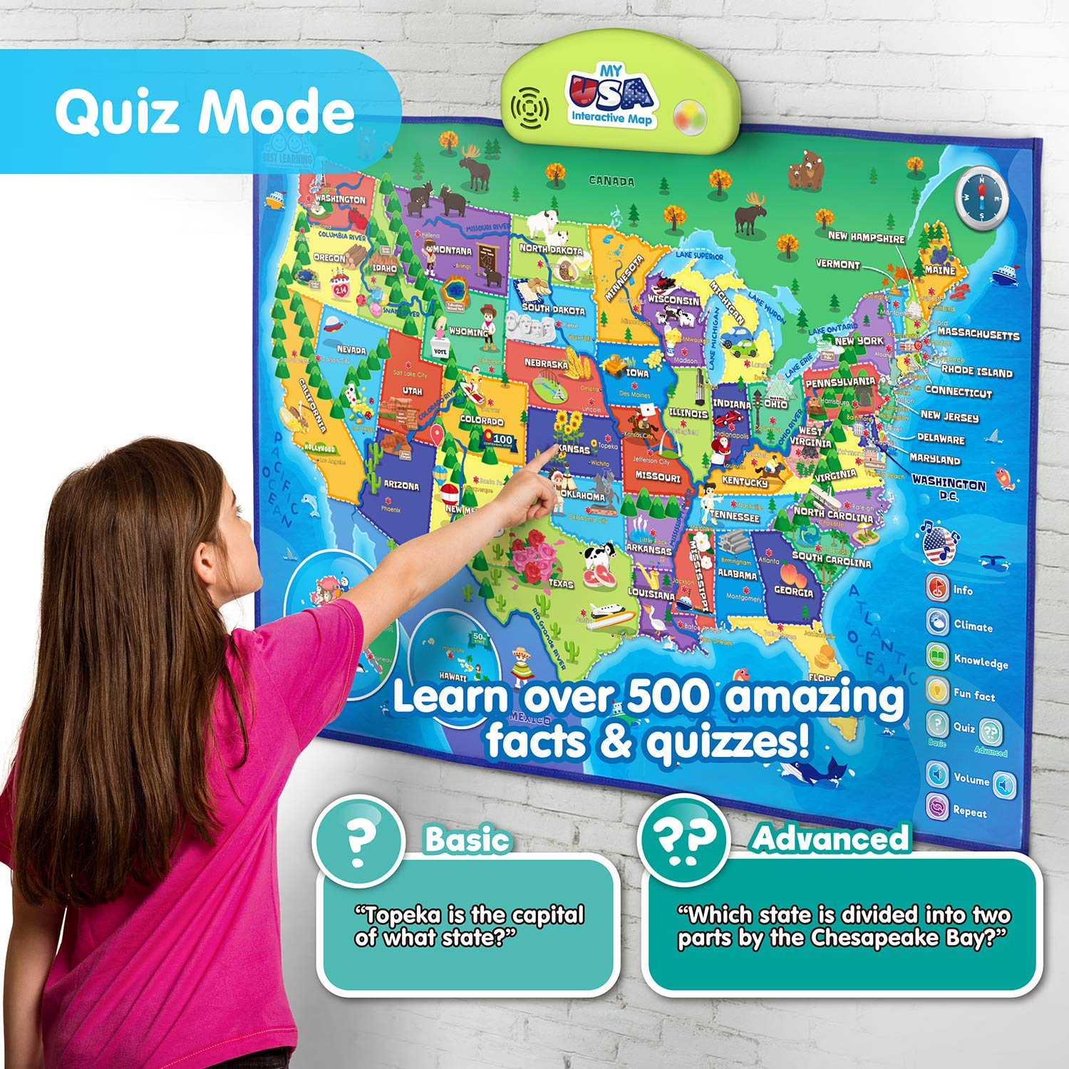 BEST LEARNING i-Poster My USA Interactive Map - Educational Smart Talking US Poster Toy for Kids Boy or Girl Ages 5 to 12 Years - United States Geography Electronic Game Children 5, 6, 7 Gift Present