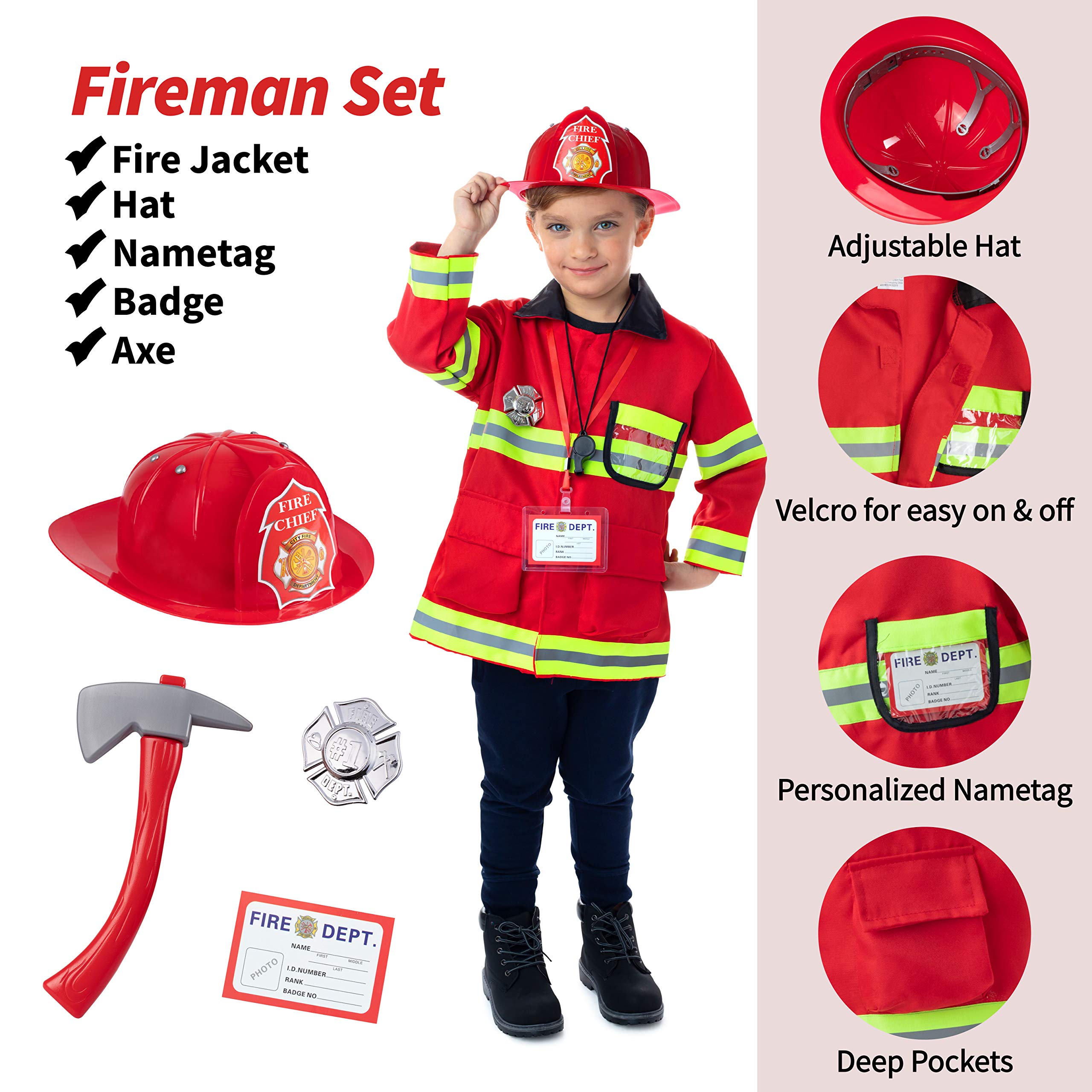 Born Toys Premium 16pcs Costume Dress up set for kids ages 3-7 fireman,police costume, and doctor all sets are washable and have accessories