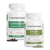 Real Mushrooms Ergothioneine (60ct) and 5 Defenders (200ct) Bundle - with Turkey Tail, Shiitake, Reishi, Chaga, Maitake, Oyster - Natural Longevity and Immune Strength - Vegan, Gluten Free, Non-GMO