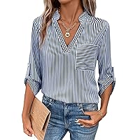 Rooscier Women's Stripes Notch V Neck Roll Sleeve Workwear Shirt Blouse Top