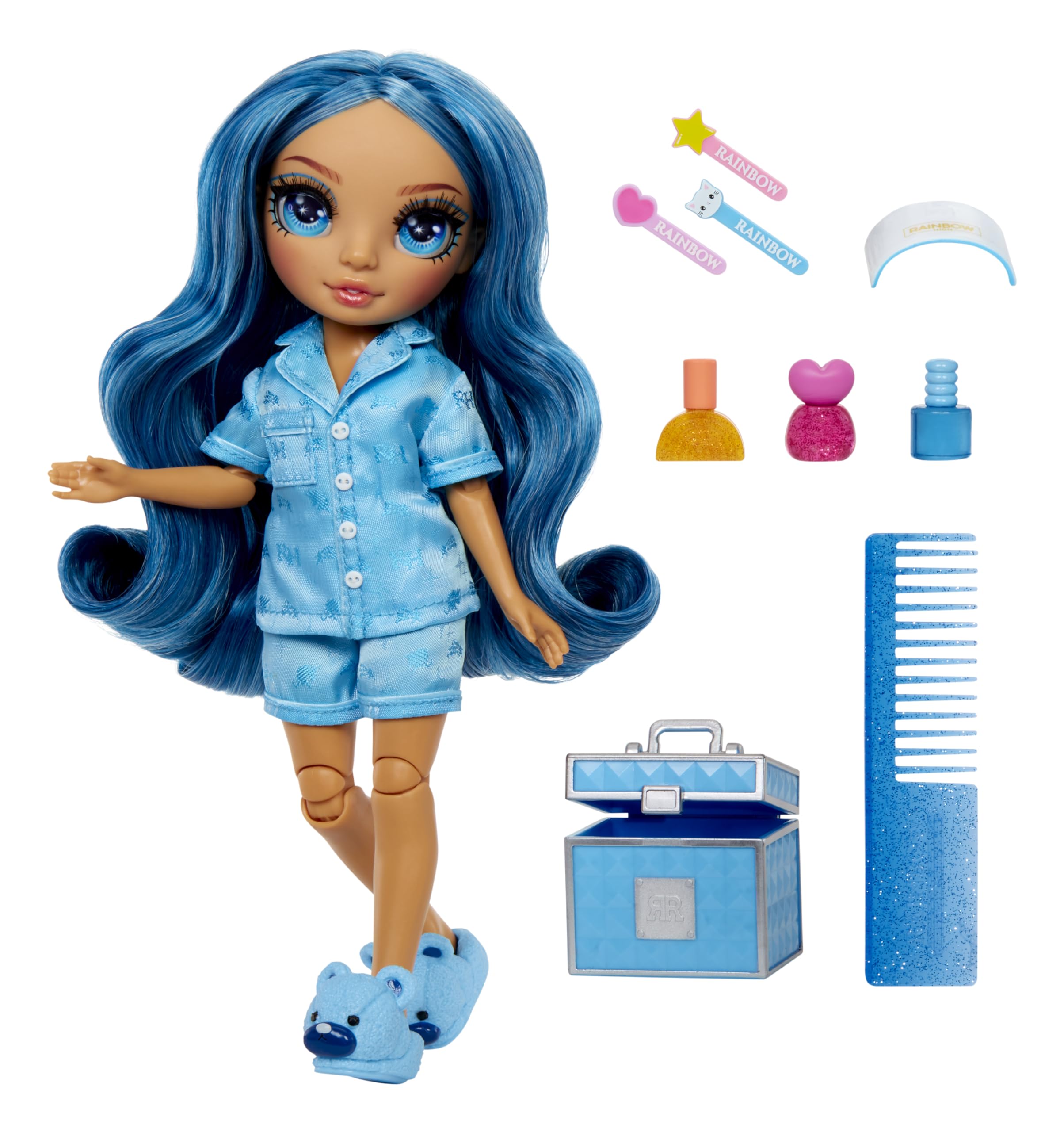 Rainbow High Jr High PJ Party-Skyler (Blue) 9” Posable Doll with Soft Onesie, Slippers, Play Accessories, Kids Toy Ages 4-12 Years