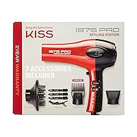 1875 Watt Pro Tourmaline Ceramic Hair Dryer, 3 Heat Settings, 2 Speed Slide Switch, Cool Shot Button, 2 Detangler Combs, 1 Concentrator, 1 Diffuser, Removable Filter Cap & 4 Sectioning Clips Red
