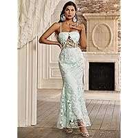 Dresses for Women 2023 Floral Embroidery Mesh Lace Up Backless Mermaid Hem Formal Dress (Color : Mint Green, Size : X-Large)
