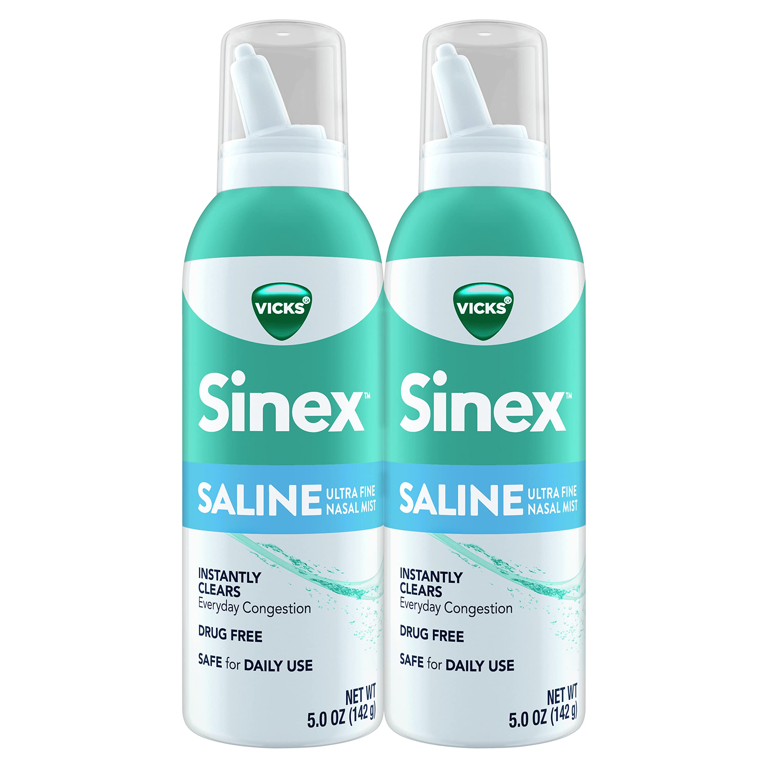Vicks Sinex Saline Nasal Spray, Drug Free Ultra Fine Mist, Clear Everyday Sinus Congestion Fast, Clear Mucus from a Cold or Allergy, Daily Use 5.0 fl oz x 2