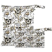 visesunny Gold Skull and Rose Flower 2Pcs Wet Bag with Zippered Pockets Washable Reusable Roomy Diaper Bag for Travel,Beach,Daycare,Stroller,Diapers,Dirty Gym Clothes,Wet Swims