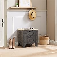 VECELO Toy Chest with Metal Safety Hinges, Ottoman Entryway Shoe Bench for Storage with Wicker-Knot Cushion, Industrial Wooden Barn Style for Bedroom, Living Room,Grey, Small