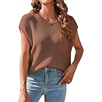Pink Queen Women Sweater Vest Cap Sleeve Knit Sweaters Tops with Front Pocket