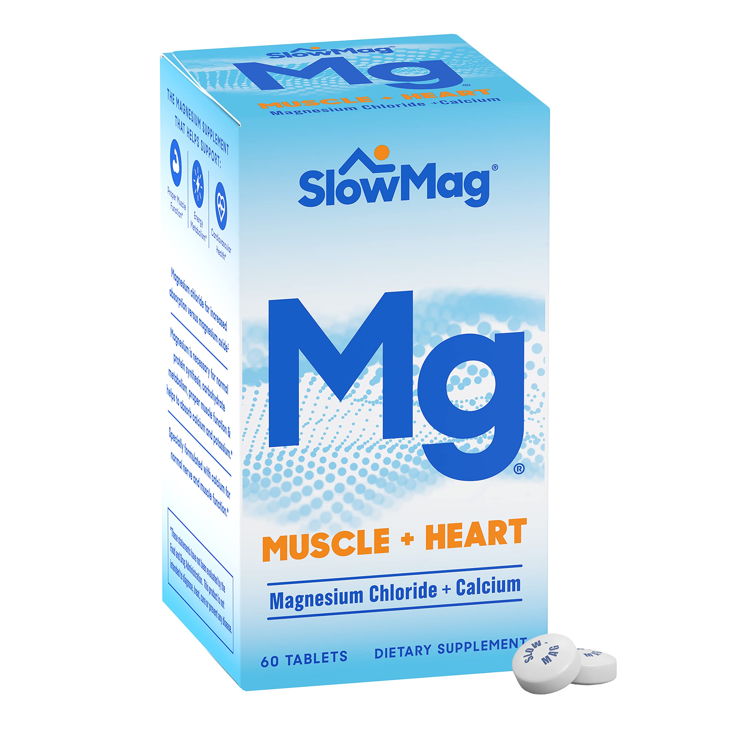 SlowMag Mg Muscle + Heart Magnesium Chloride with Calcium Supplement, 60 Count