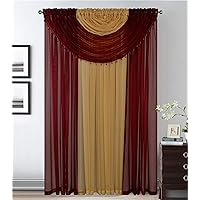 4 Panels With 2 Attached Valances All-In-One Burgundy Gold Sheer Rod Pocket Curtain Panel 84 Inches Long With Crystal Beads - Window Curtains for Bedroom, Living Room or Dinning Room