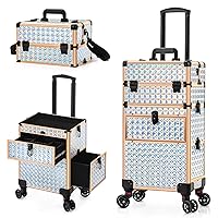 Rolling Makeup Train Case with Large Drawer, Multi-functional Cosmetic Trolley with 360° Swivel Wheels Keys, Large Storage Traveling Cart Trunk, Train Cases for Nail Technicians Hairstylist