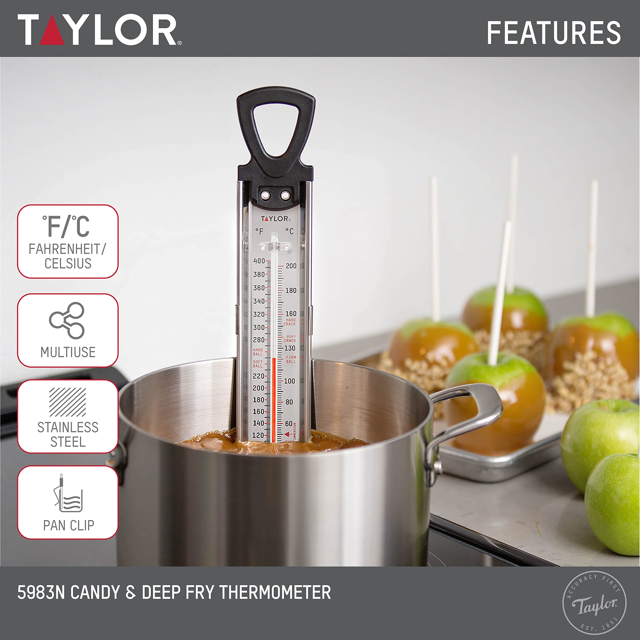 Taylor Stainless Steel Candy Deep Fry Food Cooking Kitchen Thermometer, 12 Inches