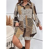 Plus Women's Dress Plus Patchwork & Leopard Print Shirt Dress (Color : Multicolor, Size : X-Large)