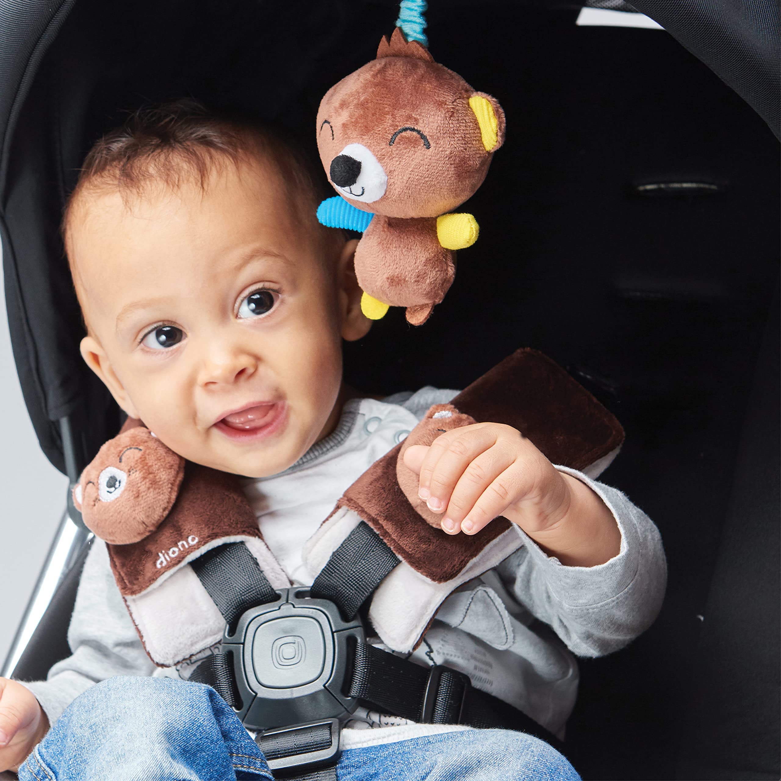 Diono Baby Bear Character Car Seat Straps & Toy, Shoulder Pads for Baby, Infant, Toddler, 2 Pack Soft Seat Belt Cushion and Stroller Harness Covers Helps Prevent Strap Irritation