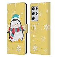 Head Case Designs Yellow Kawaii Christmas Penguins Leather Book Wallet Case Cover Compatible with Samsung Galaxy S21 Ultra 5G