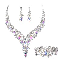 BriLove Women's Wedding Bridal Austrian Crystal Teardrop Flower Cluster Statement Necklace Dangle Earrings Jewelry Set for Party Prom
