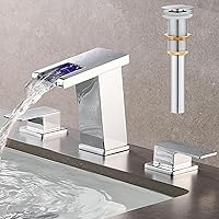 LED Bathroom Faucet 3 Hole, Chrome Waterfall Bathroom Faucets, 8 Inch Widespread Modern Bathroom Sink Faucet & Parts, Wide Spread Touch On Three Hole 2 Handle 3 Piece Bathroom Vanity Faucet
